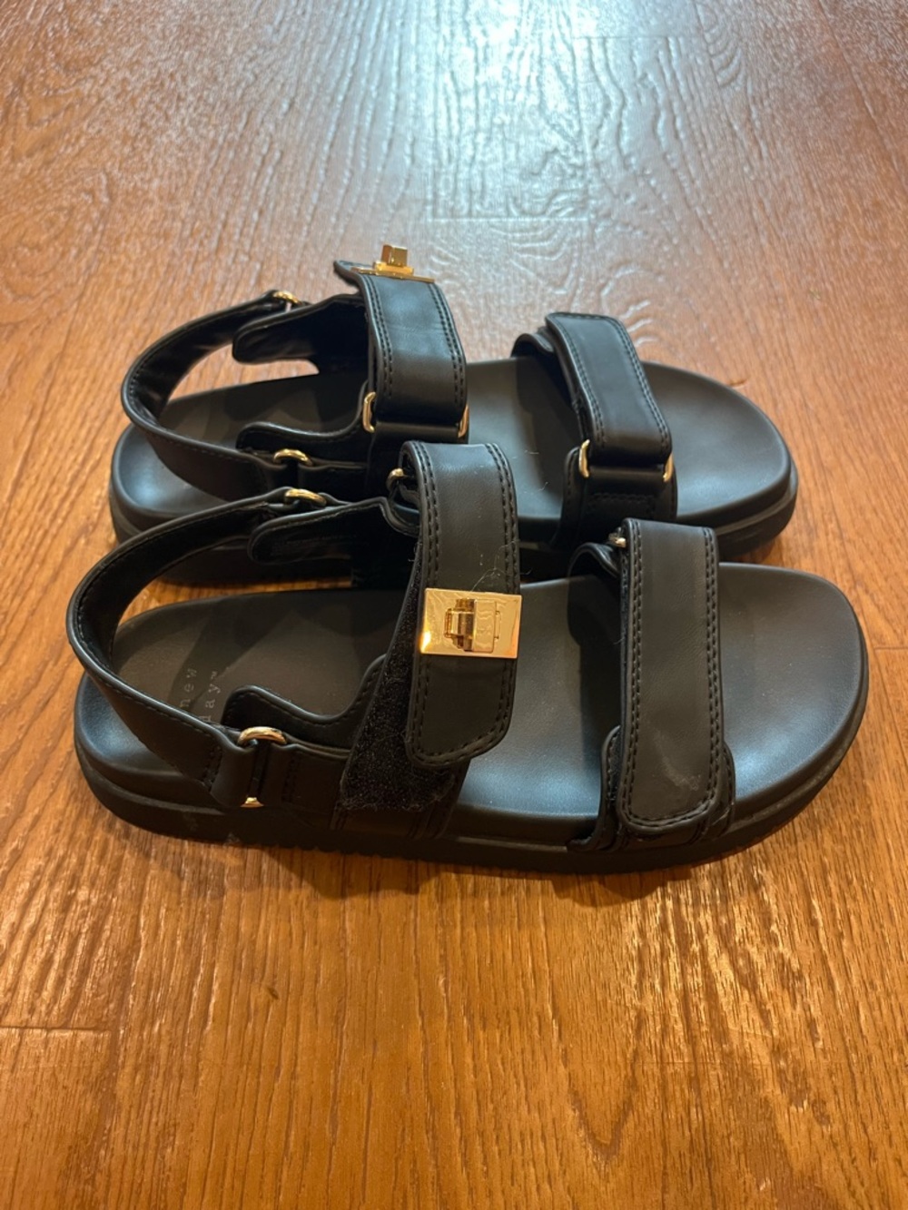 A New Day Black Strappy Sandal with Gold Accent Size 7
